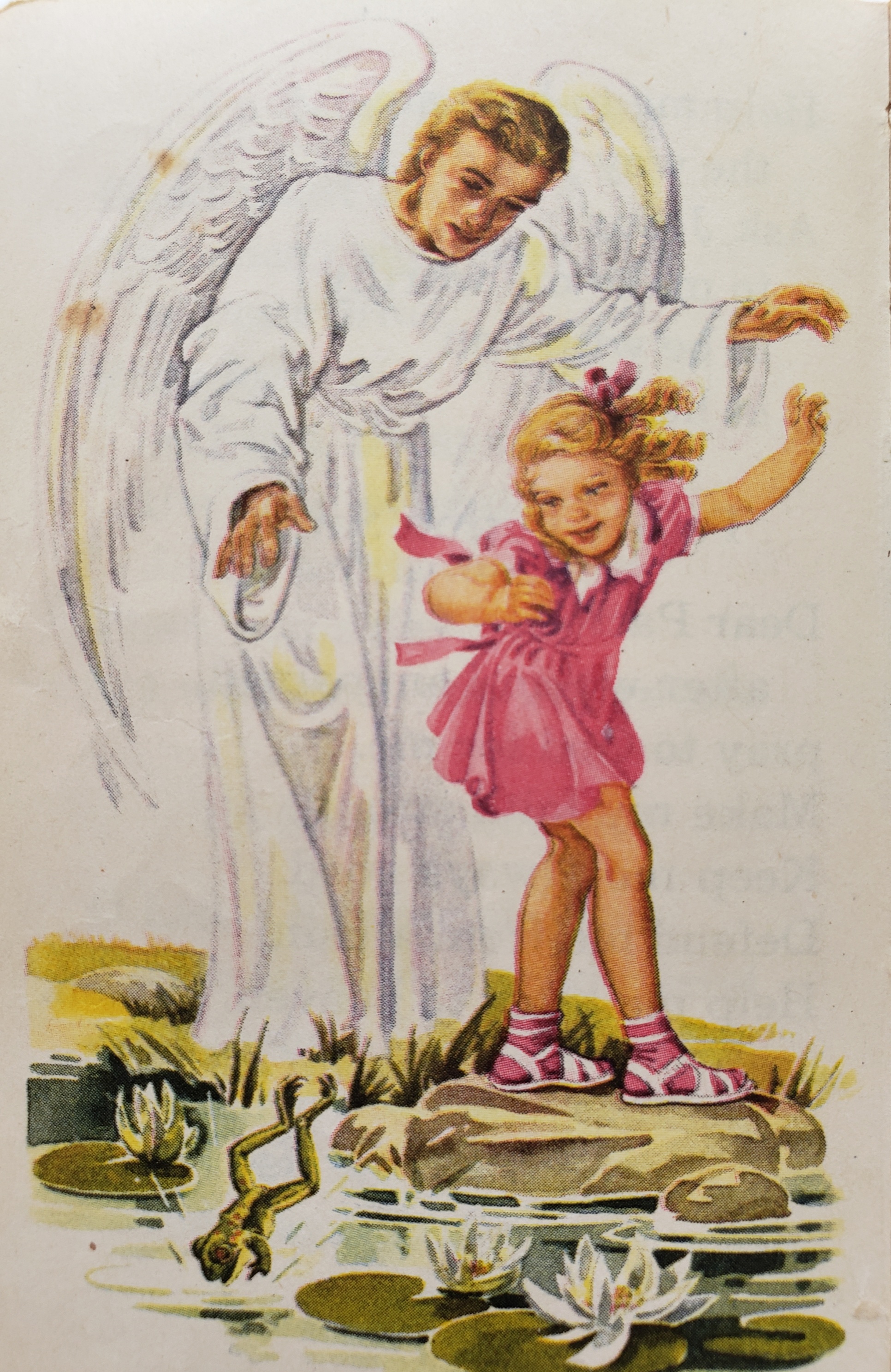 Illustration by Charlotte Ware of a guardian angel protecting a young girl as she plays.